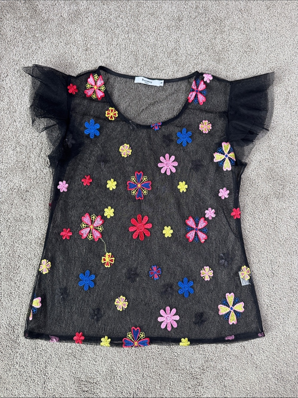 Black Sheer Mesh Top with Multicolor Floral Embroidery M
